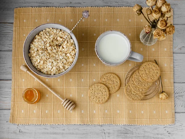 Healthy Breakfast Oatmeal Cereal Cup Milk Jar Homemade Jam Oatmeal — Stock Photo, Image