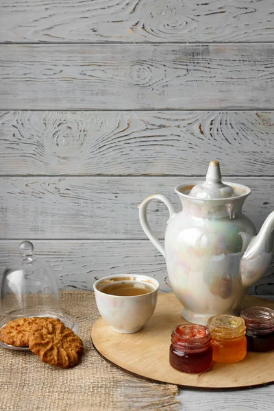 Three Small Jars Homemade Berry Jam Wooden Tray Healthy Food — Stock Photo, Image