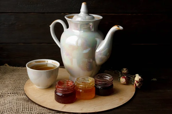 Three Small Jars Homemade Berry Jam Wooden Tray Healthy Food — Stock Photo, Image