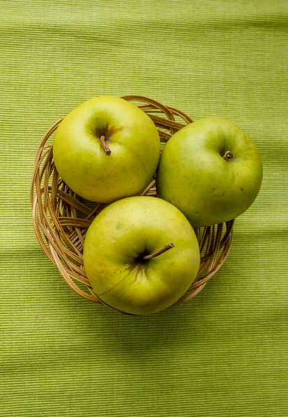 Floral Honey Basket Green Apples Textile Tablecloth Glass Saucer Wooden — Stock Photo, Image