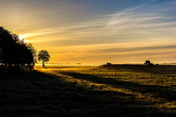 Soluppgång över en äng nära Wiesmoor — Stockfoto