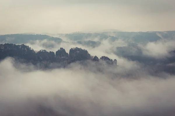 Foggy landscape in saxon switzerland — Stock Photo, Image