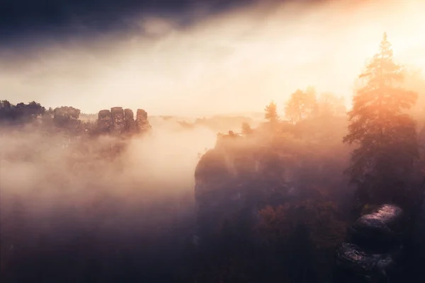 Mañana brumosa en las montañas de piedra arenisca del Elba — Foto de Stock