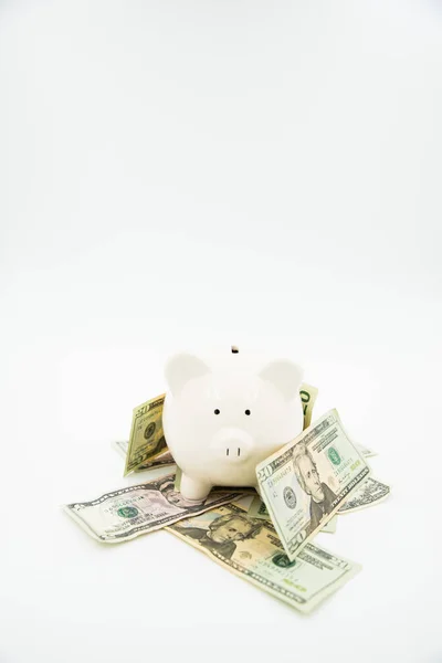 Piggy Bank on top of Money vertical — Stock Photo, Image