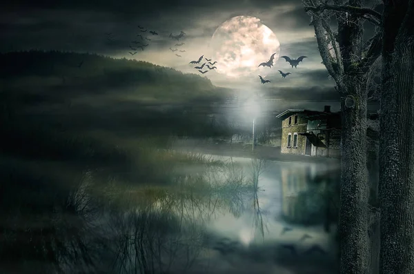 Ay ve yarasalar ile Halloween house