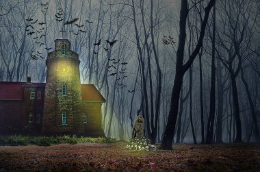 Ay ve yarasalar ile Halloween house