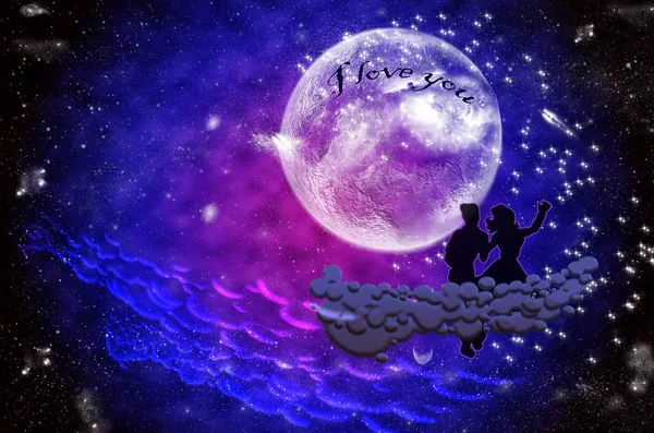 Мальчик Девочка Сидят Лунном Свете Облаке — стоковое фото