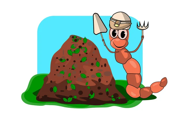 Çatal ve kürekle solucan. Gülen bir çizgi film solucanı. Yığın kompostunun yanındaki solucan beyaz arkaplanda izole edildi. 