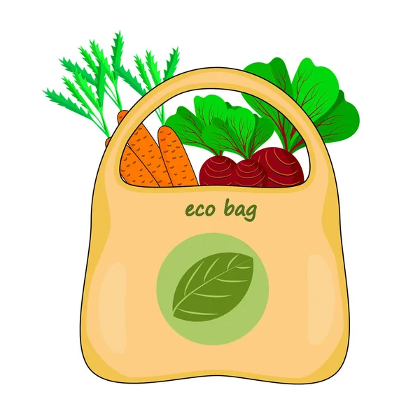 Bolsa ecológica aislada sobre fondo blanco. Bolsa ecológica con verduras. Bolsa verde con logo de símbolo de reciclaje . — Vector de stock