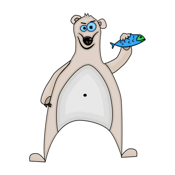 Orso polare del fumetto isolato su sfondo bianco. Divertente orso polare con pesce . — Vettoriale Stock