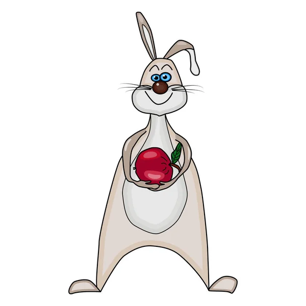 Tavşan beyaz arka planda izole edilmiş. Tatlı Paskalya Tavşanı çizgi film karakteri. Tavşanın elinde Paskalya elması. — Stok Vektör