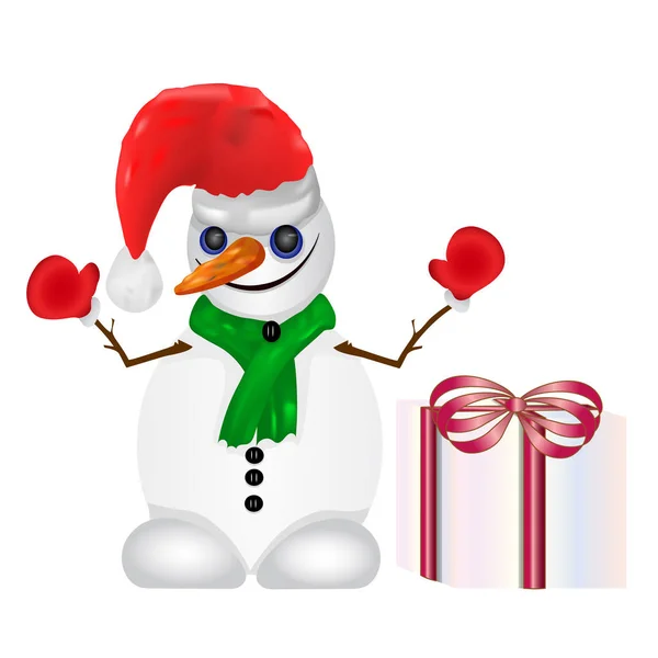 Χιονάνθρωπος απομονωμένος σε λευκό φόντο. Χιονάνθρωπος κινουμένων σχεδίων με κουτί δώρου. — Διανυσματικό Αρχείο