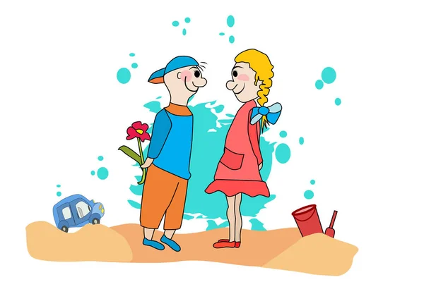 Valentinstag Junge Gratuliert Mädchen Cartoon Schönes Verliebtes Paar Isoliert Auf — Stockvektor