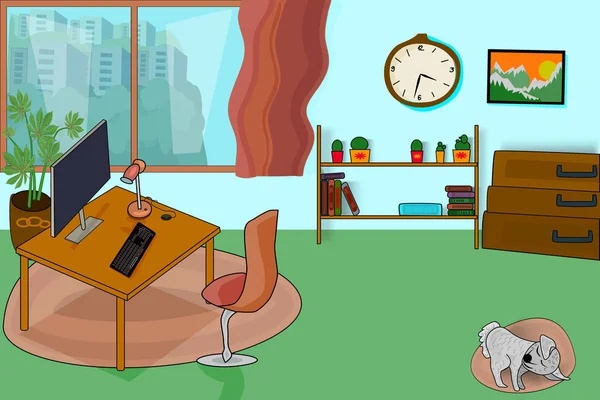 Bilgisayarlı ev ofisi. Çalışma odası dolap içi. İnsan yok. Çalışma odası, dolap. Büyük pencereli, masaüstü, modern monitörlü, mobilyalı serbest ofis çalışma alanı. Vektör 