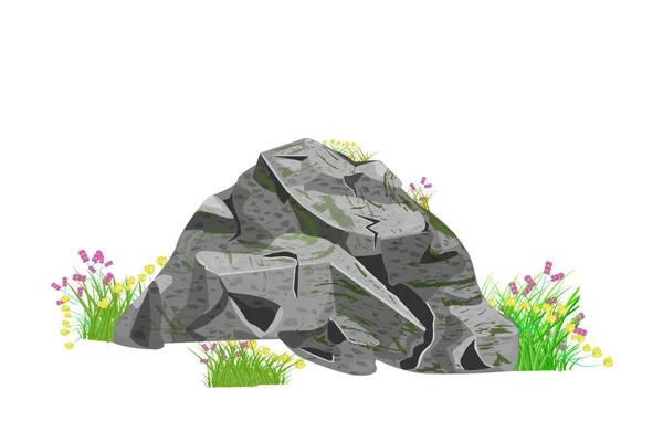 Stones Grass Isolated White Background Cartoon Grey Natural Boulder Stone — Stock Vector