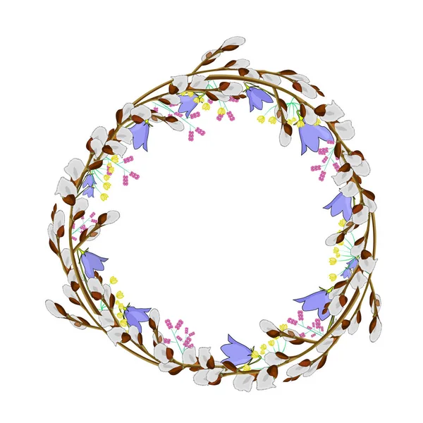 Wreath Pussy Willow Flowers Isolated White Background Easter Frame Pussy — Stockvector