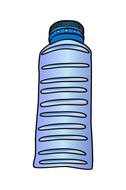 Beyaz arka planda izole edilmiş plastik şişe. Çizgi film stili evcil hayvan şişesi, su yerine mavi kapaklı. Ön manzara. Ürün ambalajı. Plastik şişe ikonu ya da sembol. Eko problemi. Vektör illüstrasyonuName