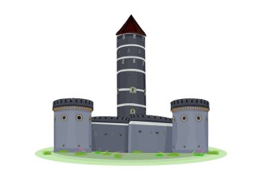 Beyaz arka planda izole edilmiş bir kalenin karikatür ortaçağ kulesi. Güçlendirilmiş duvar ve kuleleri olan ortaçağ kalesi. Antik kale, kale, kale ya da kemerli kale. Düz gri hisse vektörü.