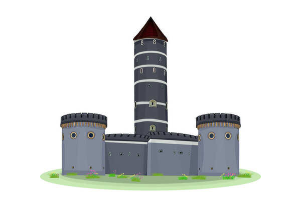 Cartoon medieval tower of a castle isolated on white background. Medieval castle with fortified wall and towers. Ancient castle, fortress, citadel or stronghold with arches . Flat gray stock vector.