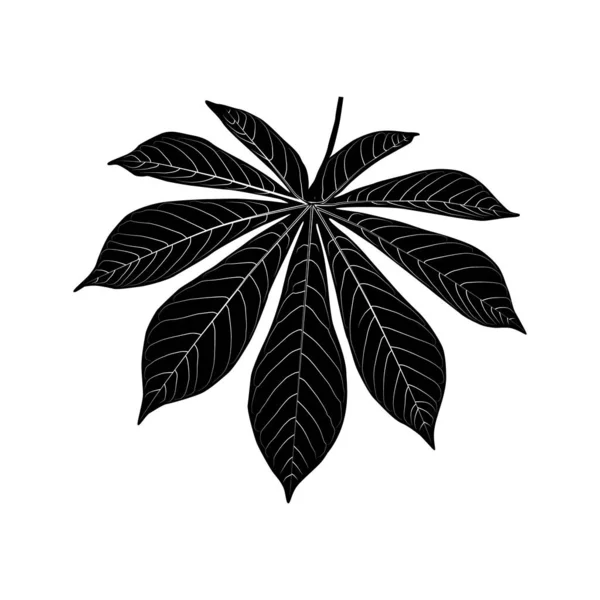 Black leaf icon isolated on white background. Black tropical leaf silhouette. Exotical jungle leaf. Silhouette shape cassava leaf. Exotic plant leafage symbol. Botany poster design element. Vector. — Stock Illustration Black Leaf Icon Isolated White Background Black Tropical Leaf Silhouette Royalty Free Stock Vectors