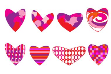Kalpler beyaz arka planda izole edilmiş. Düğün ve sevgililer günü tasarımı için kalp koleksiyonu. Kalp simgeleri, aşk sembolleri koleksiyonu. Farklı şekillerde şekillendirilmiş kalpler. Stok vektör illüstrasyonu.