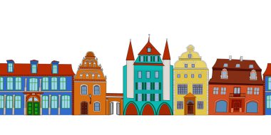 Beyaz arka planda izole edilmiş kentin kusursuz sıra deseni. Renkli retro evleri olan bir cadde, pürüzsüz sınır, şehir manzarası, eski şehir, mahalle. Üst üste çok renkli Avrupa evleri. Düz vektör