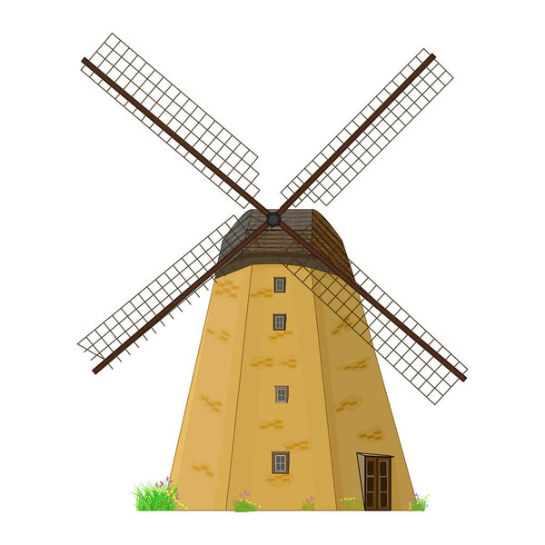 Windmill isolated on white background. Traditional rural house mill with propeller. Old windmill building. Cartoon flat ancient medieval building. Ecology, wind renewable energy, farming. Vector