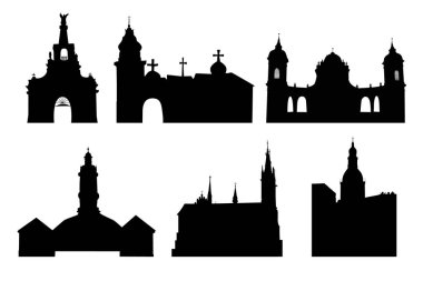 Beyaz arka planda izole edilmiş bir kilisenin siluetlerini görüntüle. Ortaçağ kilise sarayları, tapınaklar, katedraller, yapılar, katedral, antik binalar ve sembol koleksiyonu. Stok vektörü