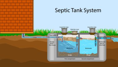 Septik Tank diyagramı. Septik sistem ve drenaj alanı şeması. Bir yeraltı fosseptik tankı çizimi. İçinde Septik Tank 'ın yazılı tarifleri olan bir bilgi. Yurt içi atık su. Düz hisse vektörü Eps 10