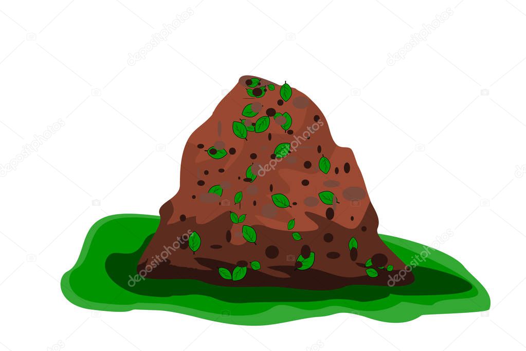 Pile of soil isolated on white background. Heap of earth, organic fertilizer, compost. Hill of brown substrate. Ground with organic garbage. Zero waste. Colored flat icon, cartoon design. Stock vector