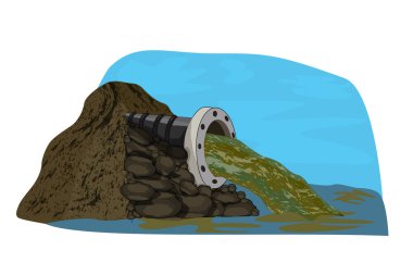 Atık su. Boru gideri beyaz arka planda izole edildi. Endüstriyel borulardan kaynaklanan su kirliliği, kirli toksik atıklar, çevresel kirlilik, ekolojik felaket. Metal tüpten akan kirli su. Vektör