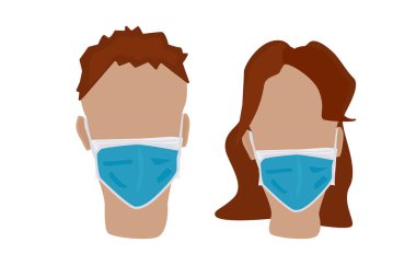 Beyaz arka planda izole edilmiş tıbbi maskeli bir adam. Hava kirliliği maskeleri. Tıbbi virüs salgını maskesi takan erkek ve kadın, koronavirüs koruması ve sağlık sigortası. Stok vektör illüstrasyonu