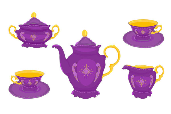 Coffee or tea crockery set isolated on white background. Teapot, cups, milk jug and sugar basin. Tea time service collection. Coffee time utensils in violet colors for party. Stock vector illustration.