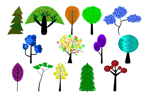 Set Trees Isolated White Background Collection Variety Colorful Trees Icon — Stock Vector