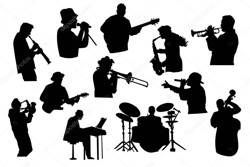 Set black silhouettes of musicians isolated on white background. Jazz, rock or pop band musicians playing instruments. Collection of singer and musician people in different poses. Stock vector illustration