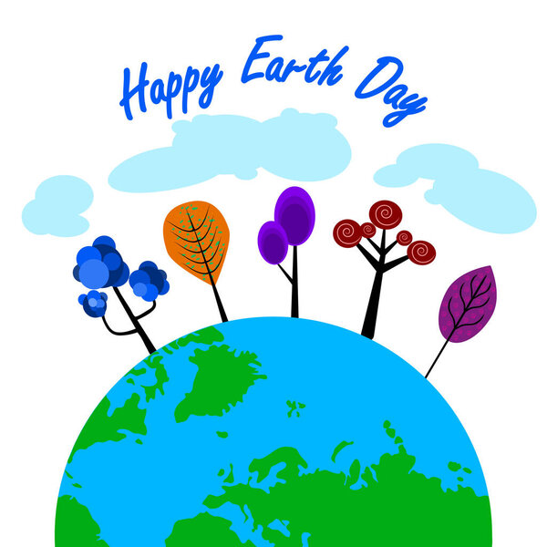 Декоративные деревья, планета Земля, облака и простой текст изолированы на белом фоне. Знамя или открытка Дня Земли. Всемирный день и экологическая концепция экологии. Спаси нашу планету. Векторная иллюстрация
