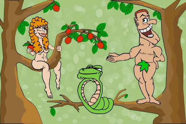 アダムとイブ 女性は男にリンゴを提供します エデンの園で罪のりんごと漫画アダムとイブ 最初の人と聖書の蛇 禁断のリンゴと楽園で幸せなカップル 株式ベクトル — ストックベクタ