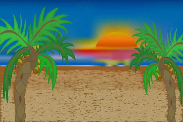 Tropikal Sahilde Akşam Deniz Güneş Palmiye Ağaçları Dinlenmek Için Renkli — Stok Vektör