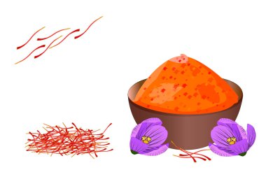Saffron spice isolated on white background. Saffron powder in bowl, dried spice saffron threads and crocus flowers. For packaging design, label, banner, poster, icon. Stock vector illustration clipart