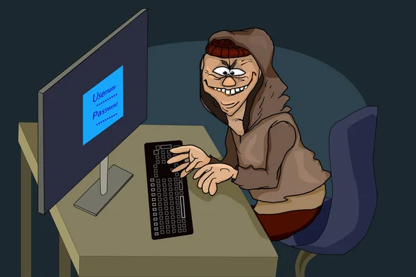 컴퓨터를 강도질해 데이터를 훔치는 캐릭터 컴퓨터의 암호처럼 시스템을 해킹하려고 인터넷 — 스톡 벡터