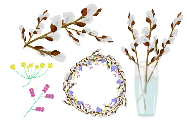 Set of pussy willow twig, willow catkins branches bouquet in glass vase, round frame and small flowers isolated on white background. For spring and Easter decorations design. Stock vector illustration.