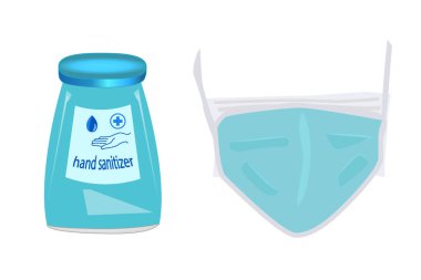 El dezenfektanı ve tıbbi maske beyaz arka planda izole edilmiş. El hijyen virüsü koruması için tıbbi maske ve el dezenfektanı jeli. Virüs yaymayı bırak. Stok vektör illüstrasyonu