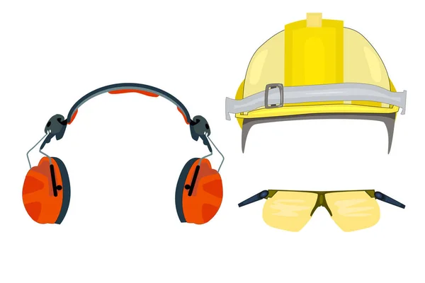 Personal Protective Equipment Industrial Security Safety Glasses Helmet Headphones Isolated — Stock Vector