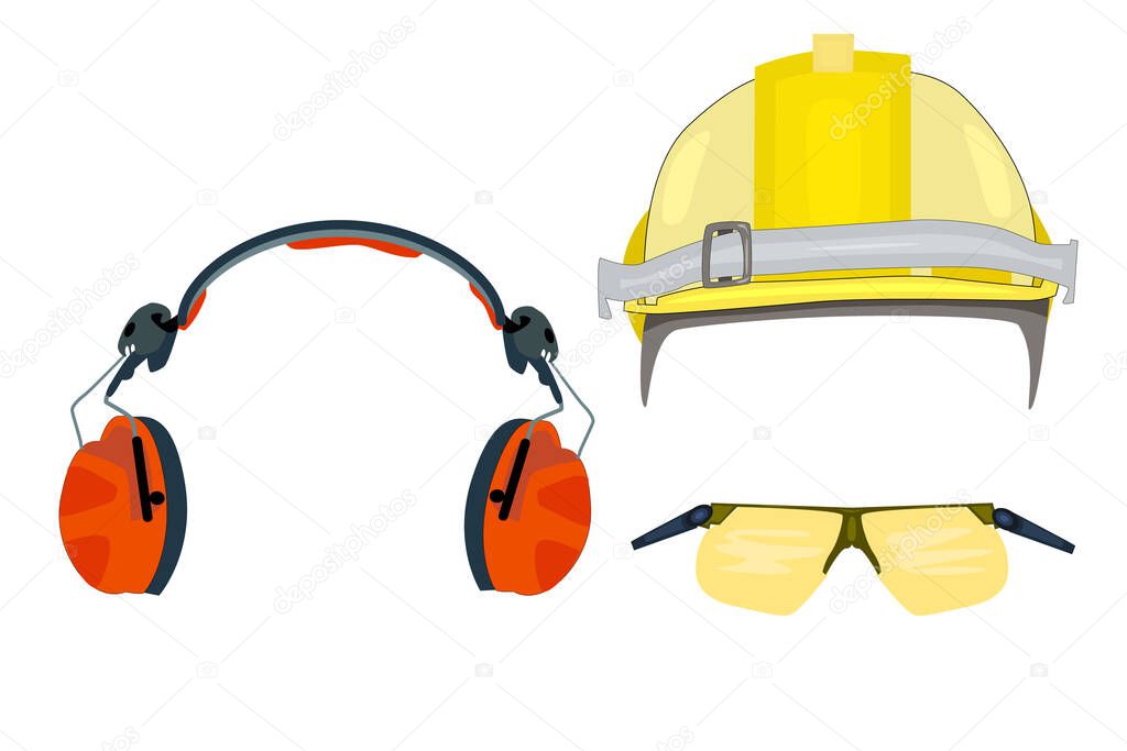 Personal protective equipment for industrial security, safety glasses, helmet, headphones isolated on white background. Set of protective gear icons. Elements of construction symbol for mobile concept and web apps. Stock vector illustration