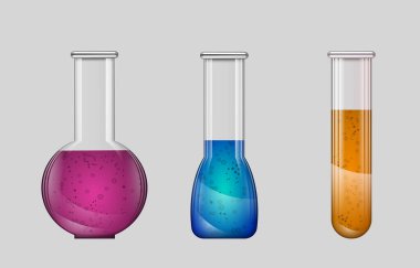 Gerçekçi laboratuvar camlarını gri arka planda izole et. Laboratuvar tüpü, deney tüpü ve matara farklı renkte sıvılar doldurdu. Kimyasal testler ya da deneyler için toplama ekipmanları. Stok vektörü