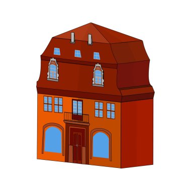Beyaz arka planda izole edilmiş bir ev. Şehrin klasik klasik evi. Viktorya dönemi kırmızı apartmanı. Avrupa 'daki karikatür şehir evinin 3D çizimi. Stok vektör illüstrasyonu