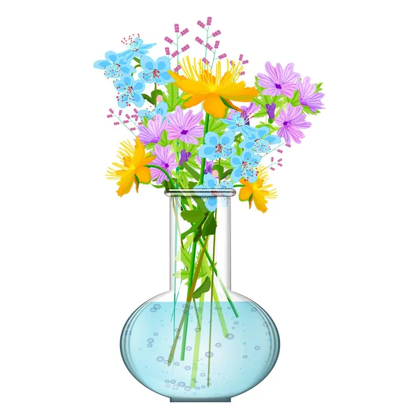 白い背景に隔離された花瓶の花の花束 グラス花瓶に野の花の束 春の庭の花の花束 国際女性の日 結婚式や母の日のグリーティングカード パーティーや休日への招待 — ストックベクタ