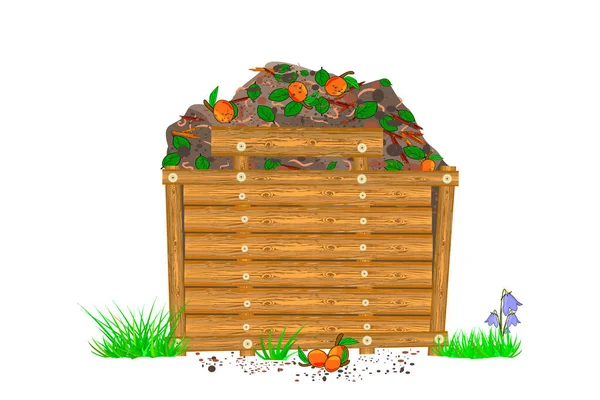 Compost wooden box isolated on white background. Compost pile with soil, earthworm, leaves and organic waste. Organic waste recycling to soil. Zero waste. Concept of organic fertilizers. Stock vector illustration — Stock Illustration Compost Wooden Box Isolated White Background Compost Pile Soil Earthworm Royalty Free Stock Vectors
