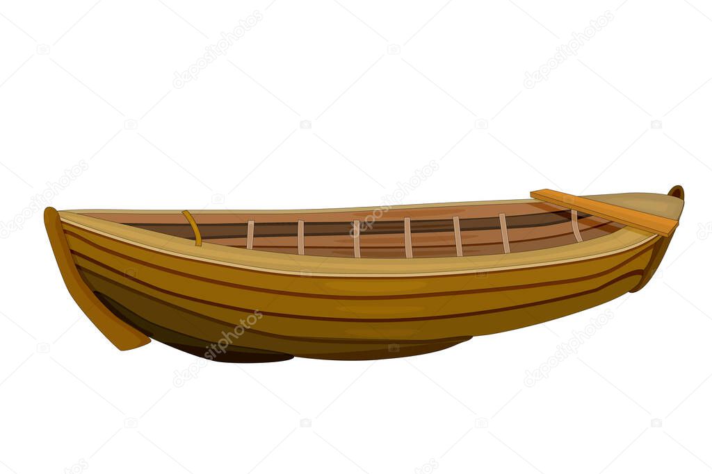 Wooden boat isolated on white background. Empty brown fishing boat side view. Hobby and fishery, fishing rowing transport, kayaking extreme sports or entertainment,  tourist shop. Stock vector illustration