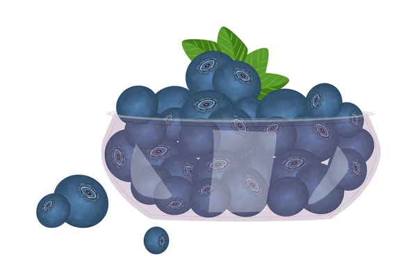 蓝莓在玻璃碗中与白色背景隔离 精美的多汁浆果在盘子里 成熟的蓝莓的丰满 厨房用具的设计元素 丰硕的收成 种群矢量说明 — 图库矢量图片